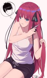 Rule 34 | 1girl, absurdres, armpits, arms up, black ribbon, black shorts, blue eyes, blunt bangs, blush, breasts, butterfly hair ornament, camisole, cutting hair, cutting own hair, frown, go-toubun no hanayome, hair ornament, highres, hime cut, holding, holding own hair, large breasts, long hair, looking to the side, nail polish, nakano nino, parted lips, pink hair, purple nails, ribbon, scissors, shorts, sidelocks, simple background, sitting, thick thighs, thighs, twintails, uesugi fuutarou, v-shaped eyebrows, white camisole, ziddol