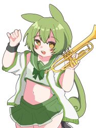 Rule 34 | 1girl, animal ears, black outline, black wristband, blush, bow, green bow, green hair, green sailor collar, green skirt, green trim, hair between eyes, highres, holding, holding instrument, holding trumpet, instrument, jacket, long hair, looking at viewer, navel, open clothes, open jacket, open mouth, outline, poroporosaburo, sailor collar, shirt, simple background, skirt, sleeveless, sleeveless shirt, solo, trumpet, voicevox, white background, white jacket, white shirt, wristband, yellow eyes, zundamon