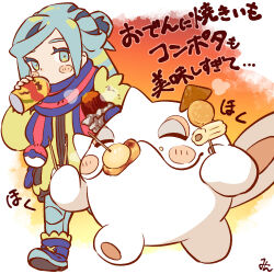 1boy aqua_eyes aqua_hair blue_footwear blue_scarf blush_stickers boots can cetoddle chibi commentary_request creatures_(company) drinking food game_freak grusha_(pokemon) hair_bun holding holding_can holding_skewer jacket male_focus min_(myna8247) nintendo pants pokemon pokemon_(creature) pokemon_sv scarf skewer standing steam striped_clothes striped_scarf sweet_potato translation_request yellow_jacket