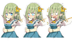 Rule 34 | ^^^, 1girl, blank eyes, blue dress, blue eyes, blush, bracelet, breasts, bright pupils, commentary request, cropped legs, daiyousei, dress, embarrassed, fairy, fairy wings, flower, green hair, hair ribbon, own hands clasped, jewelry, long hair, looking at viewer, medium breasts, multiple views, notice lines, noya makoto, open mouth, own hands together, pointy ears, ribbon, shirt, short sleeves, simple background, smile, sweatdrop, tearing up, touhou, trembling, upper body, wavy mouth, white background, white pupils, white shirt, wings, yellow neckwear, yellow ribbon