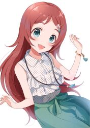 Rule 34 | 1girl, aqua eyes, bare shoulders, blush, bow, bracelet, breasts, brown hair, buchi (y0u0ri ), commentary, cowboy shot, dot nose, dutch angle, frilled shirt, frills, green bow, green eyes, green skirt, hair ornament, hairclip, hands up, highres, idolmaster, idolmaster cinderella girls, idolmaster cinderella girls starlight stage, imura setsuna, jewelry, large breasts, long hair, looking at viewer, necklace, open mouth, polka dot, polka dot shirt, shirt, simple background, skirt, sleeveless, sleeveless shirt, smile, solo, standing, waist bow, white background, white shirt