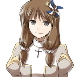 Rule 34 | 1girl, alternate color, brown hair, closed mouth, commentary request, cross, dress, grey eyes, grey hair, high priest (ragnarok online), juliet sleeves, long hair, long sleeves, looking at viewer, natsuya (kuttuki), pinwheel hair ornament, puffy sleeves, ragnarok online, sidelocks, simple background, smile, solo, two-tone dress, upper body, white background, white dress