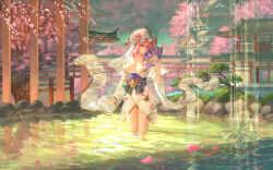 Rule 34 | 1girl, adapted costume, architecture, breasts, bug, butterfly, cherry blossoms, closed mouth, east asian architecture, floral print, folding fan, hair between eyes, hand fan, hat, hebbtia, highres, holding, holding fan, insect, large breasts, mob cap, obi, partially submerged, petals, petals on liquid, pink eyes, pink hair, rock, saigyouji yuyuko, sash, see-through, see-through sleeves, short hair, solo, touhou, tree, triangular headpiece, water, water butterfly, white hat