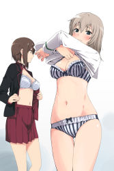 Rule 34 | 10s, 2girls, blue eyes, blush, bow, bow panties, bra, breasts, brown eyes, brown hair, cleavage, clothes lift, girls und panzer, highres, itsumi erika, long hair, looking at viewer, marimotencho, multiple girls, navel, nishizumi maho, open clothes, open shirt, panties, pleated skirt, profile, red skirt, shirt, shirt lift, short hair, silver hair, skirt, striped bra, striped clothes, striped panties, underwear, undressing, white bra