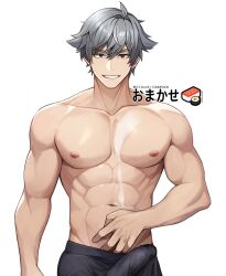 Rule 34 | 1boy, abs, absurdres, bara, biceps, black male underwear, boxer briefs, bulge, earrings, erection, erection under clothes, food, grey eyes, grey hair, grin, gt dune, hair between eyes, hand on own stomach, highres, jewelry, large pectorals, looking at viewer, male focus, male underwear, muscular, muscular male, navel, nipples, original, pectorals, short hair, simple background, smile, solo, stud earrings, suggestive fluid, sushi, teeth, topless male, twitter username, underwear, underwear only, white background