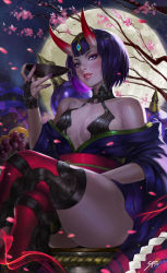 Rule 34 | 1girl, alcohol, ankle ribbon, artist name, bare shoulders, blush, bob cut, breasts, cherry blossoms, crossed legs, cup, eyeshadow, fangs, fate/grand order, fate (series), fingernails, food, from below, fruit, full moon, gourd, grapes, headdress, headpiece, highres, holding, horns, japanese clothes, kimono, leg ribbon, looking at viewer, makeup, moon, night, off shoulder, oni, open clothes, open kimono, outdoors, parted lips, purple eyes, purple hair, purple kimono, realistic, revealing clothes, ribbon, sakazuki, sake, short eyebrows, short hair, shuten douji (fate), sitting, skin-covered horns, small breasts, soffa soffa, solo