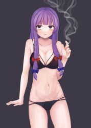 Rule 34 | 1girl, absurdres, alternate breast size, black bra, black panties, blue bow, blunt bangs, blush, bow, bra, breasts, cigarette, cleavage, commentary request, cookie (touhou), cowboy shot, expressionless, grey background, hair bow, highres, holding, holding cigarette, large breasts, long hair, looking at viewer, mope (nicoseiga 121144798), multiple hair bows, navel, open mouth, panties, patchouli knowledge, purple eyes, purple hair, red bow, sidelocks, simple background, smoke, solo, taisa (cookie), touhou, underwear, underwear only