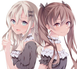 Rule 34 | 2girls, alternate costume, back-to-back, black dress, blonde hair, brown eyes, brown hair, dress, frilled dress, frills, grecale (kancolle), grey eyes, hair ornament, hair ribbon, hairclip, index finger raised, kantai collection, kukimaru, libeccio (kancolle), long hair, looking at viewer, multiple girls, ribbon, smile, twintails, upper body