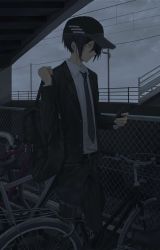 Rule 34 | 1boy, absurdres, backpack, bag, belt, bicycle, black belt, black hair, black headwear, black pants, brown eyes, collared shirt, danganronpa (series), danganronpa v3: killing harmony, fence, from side, grey shirt, hair between eyes, highres, holding, holding bag, holding phone, iumi urura, jacket, long sleeves, male focus, necktie, official alternate costume, open clothes, open jacket, outdoors, pants, phone, saihara shuichi, shirt, short hair, solo, striped necktie