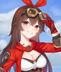 Rule 34 | 1girl, absurdres, adjusting goggles, amber (genshin impact), breasts, brown eyes, brown hair, chinese commentary, cleavage, cleavage cutout, clothing cutout, cloud, commentary, genshin impact, gloves, goggles, goggles on head, grin, hairband, highres, jacket, large breasts, liwen520, long hair, red gloves, red hairband, red jacket, smile, solo, upper body