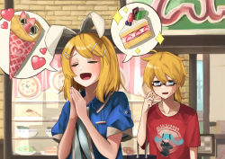 Rule 34 | 1boy, 1girl, :d, alternate costume, animal ears, arm at side, bespectacled, between breasts, black-framed eyewear, blonde hair, blue eyes, blue jacket, breasts, brother and sister, cake, cake slice, casual, character print, closed eyes, collarbone, commentary request, fake animal ears, food, fruit, glasses, hair ornament, hairclip, hand up, hands up, hatsune miku, heart, highres, hukahito, index finger raised, jacket, kagamine len, kagamine rin, looking at viewer, open mouth, own hands clasped, own hands together, puffy short sleeves, puffy sleeves, rabbit ears, red shirt, ribbon, shirt, short hair, short sleeves, siblings, smile, sparkle, strawberry, sweatdrop, swept bangs, t-shirt, twins, upper body, vocaloid, white shirt