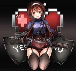 Rule 34 | 1girl, asymmetrical gloves, beckoning, black thighhighs, blush, brown hair, character name, fang, full body, gaiters, garter straps, girls&#039; frontline, gloves, gun, haguruma c, hair between eyes, hair ribbon, hairband, head tilt, heart, highres, jewelry, long hair, looking at viewer, outstretched arms, red eyes, ribbon, ring, seiza, sidelocks, sitting, solo, spread arms, strap, tail, thighhigh gaiters, thighhighs, type 79 (girls&#039; frontline), type 79 smg, uneven gloves, weapon, weapon on back, wedding band, white ribbon