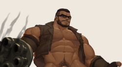Rule 34 | 1boy, abs, absurdres, amputee, bara, bare shoulders, barret wallace, beard, black-framed eyewear, bottomless, brown hair, chest hair, dark-skinned male, dark skin, facial hair, facial scar, final fantasy, final fantasy vii, glasses, helbai, highres, jacket, large pectorals, looking at viewer, male focus, male pubic hair, mature male, muscular, muscular male, naked jacket, navel, navel hair, nipples, out-of-frame censoring, paid reward available, pectoral cleavage, pectorals, pubic hair, scar, scar on cheek, scar on face, short hair, sleeveless, sleeveless jacket, solo, stomach, undercut, upper body
