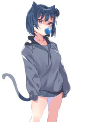 Rule 34 | 1girl, alternate hairstyle, animal ears, arms at sides, bare legs, blue hair, blue hoodie, cat ears, cat girl, cat tail, chewing gum, collarbone, commentary, hair bun, highres, hood, hoodie, kemonomimi mode, long sleeves, looking at viewer, love live!, love live! sunshine!!, no pants, pink eyes, short hair, simple background, single hair bun, sleeves past fingers, sleeves past wrists, standing, symbol-only commentary, tail, tail raised, tem10, thighs, tsushima yoshiko, white background