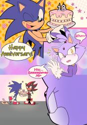 Rule 34 | 1girl, 2boys, absurdres, anniversary, birthday cake, black fur, blaze the cat, blue fur, blush, cake, crossed arms, food, forehead jewel, furry, furry female, furry male, gloves, happy anniversary, highres, multiple boys, one eye closed, open mouth, ponytail, purple fur, red footwear, red fur, shadow the hedgehog, shadow the hedgehog (game), sonic (series), sonic rush, sonic the hedgehog, speech bubble, stellarspin, white gloves, yellow eyes