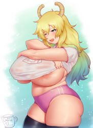 Rule 34 | 1girl, aqua hair, areola slip, artist name, black thighhighs, blonde hair, breasts, clothes lift, coffeeslice, crossed arms, curvy, dragon girl, gradient hair, green hair, hair between eyes, highres, horns, huge breasts, kobayashi-san chi no maidragon, large areolae, large nipples, long hair, lucoa (maidragon), multicolored hair, nipple slip, nipples, no bra, one eye closed, open mouth, plump, see-through, shirt, shirt lift, sidelocks, skindentation, slit pupils, solo, sportswear, standing, thick thighs, thighhighs, thighs, underboob, undressing, veins, veiny breasts, wavy hair, wide hips, wink