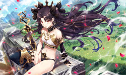 Rule 34 | 1girl, armlet, asymmetrical legwear, asymmetrical sleeves, black hair, blue sky, blush, bow, breasts, day, detached collar, detached sleeves, earrings, fate/grand order, fate (series), gabiran, hoop earrings, ishtar (fate), jewelry, long hair, looking at viewer, medium breasts, neck ring, parted bangs, red eyes, single detached sleeve, single thighhigh, sitting, sky, smile, solo, sword, thighhighs, tiara, two side up, uneven legwear, uneven sleeves, weapon, wind