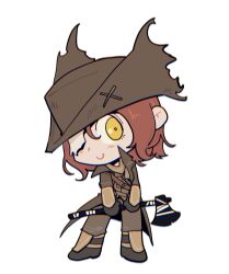 1girl amonitzaaa axe bloodborne blush brown_gloves brown_hat brown_jacket brown_pants chibi eyepatch full_body gloves grey_background hat highres holding holding_axe hunter_(bloodborne) jacket long_sleeves pants simple_background smile solo torn_clothes torn_hat tricorne yellow_eyes