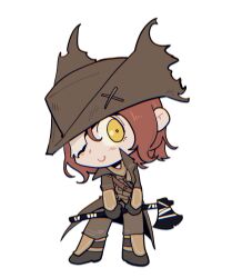 Rule 34 | 1girl, amonitzaaa, axe, bloodborne, blush, brown gloves, brown hat, brown jacket, brown pants, chibi, eyepatch, full body, gloves, grey background, hat, highres, holding, holding axe, hunter (bloodborne), jacket, long sleeves, pants, simple background, smile, solo, torn clothes, torn hat, tricorne, yellow eyes