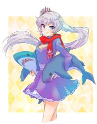 Rule 34 | 1girl, absurdres, blue eyes, cropped jacket, earrings, highres, holding, iesupa, jewelry, lace, lace-trimmed skirt, lace trim, long hair, long sleeves, looking at viewer, ponytail, rwby, scar, scar across eye, scar on face, scarf, shark, side ponytail, skirt, solo, stuffed toy, tiara, weiss schnee, white hair