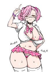 Rule 34 | anger vein, angry, animal print, arm up, artist request, bra, bracelet, breasts, character request, choker, cleavage, glasses, gyaru, hair ornament, hair tie, hairclip, highres, jewelry, large breasts, leopard print, microskirt, navel, open clothes, open shirt, panties, pink bra, pink hair, pink panties, plump, ribbon, skirt, sweat, thighhighs, thong, twintails, underwear, v, white-framed eyewear, white thighhighs, yellow eyes