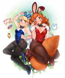 Rule 34 | 2girls, animal ears, artist name, black legwear, black neckwear, blonde hair, blue eyes, blue leotard, bow, bowtie, breast envy, breasts, candy, carrot, commentary, commentary request, commission, covered navel, detached collar, english commentary, fake animal ears, food, full body, girutea, large breasts, leotard, lips, long hair, looking at viewer, low twintails, multiple girls, original, pantyhose, playboy bunny, rabbit ears, rabbit tail, red hair, red leotard, small breasts, strapless, strapless leotard, tail, thighband pantyhose, twintails, wavy hair, wrist cuffs