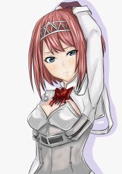 Rule 34 | 1girl, ark royal (kancolle), arm up, blue eyes, blunt bangs, bob cut, bow, brown gloves, cleavage cutout, clothing cutout, corset, fingerless gloves, gloves, hairband, hayaneko 0913, highres, kantai collection, looking at viewer, red bow, red hair, short hair, solo, tiara, upper body