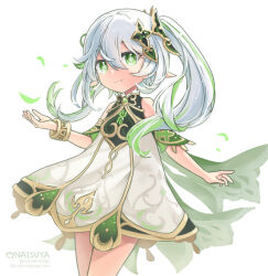 Rule 34 | 1girl, artist name, closed mouth, commentary request, cowboy shot, cross-shaped pupils, detached sleeves, dress, flat chest, genshin impact, gold trim, green eyes, green hair, green sleeves, hair between eyes, leaf, long bangs, long hair, looking at viewer, multicolored hair, nahida (genshin impact), natsuya (kuttuki), pointy ears, side ponytail, simple background, sleeveless, sleeveless dress, smile, solo, symbol-shaped pupils, twitter username, two-tone hair, watermark, web address, white background, white dress, white hair