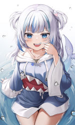 Rule 34 | 1girl, animal costume, blue eyes, blue hair, blue hoodie, blue nails, blunt bangs, blush, breasts, collarbone, commentary, cowboy shot, english commentary, finger in own mouth, fingernails, fins, fish tail, gawr gura, gawr gura (1st costume), grey hair, hair ornament, highres, hololive, hololive english, hood, hoodie, in water, long sleeves, looking at viewer, medium hair, multicolored hair, nail polish, off shoulder, open mouth, pluto (97dwnstjq), shark costume, shark girl, shark hair ornament, shark tail, sharp teeth, sidelocks, single bare shoulder, sitting, small breasts, smile, solo, streaked hair, tail, teeth, two side up, virtual youtuber, water, water drop, wide sleeves