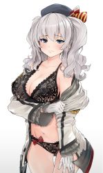 Rule 34 | 1girl, beret, black bra, black panties, blue eyes, blush, bow, bra, breasts, cleavage, closed mouth, epaulettes, frilled sleeves, frills, gloves, hat, highres, jacket, kantai collection, kashima (kancolle), lace, lace-trimmed bra, lace-trimmed panties, lace trim, large breasts, lingerie, long hair, long sleeves, navel, open clothes, open jacket, panties, silver hair, simple background, solo, twintails, underwear, uniform, wataro (watawatawatapon), wavy hair, white background, white gloves