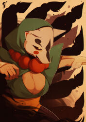Rule 34 | 1girl, bead necklace, beads, breasts, brown background, cleavage, cleavage cutout, clothing cutout, commentary, english commentary, fox mask, from side, highres, hood, hood up, japanese clothes, jewelry, large breasts, mask, multiple tails, necklace, ookami (game), outstretched arm, rao, solo, sprouteeh, tail, tsuzurao, yellow eyes