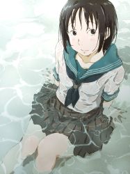 Rule 34 | 1girl, aqua sailor collar, arm support, black eyes, black hair, black neckerchief, black skirt, bra, closed mouth, commentary, dress shirt, from above, highres, in water, knees together feet apart, knees up, light blush, looking at viewer, looking up, monodevil, neckerchief, on ground, original, pale skin, partially submerged, pleated skirt, raised eyebrows, sailor collar, school uniform, see-through, see-through shirt, serafuku, shirt, short hair, short sleeves, sitting, skirt, solo, underwear, water, wet, wet clothes, wet hair, white bra, white shirt