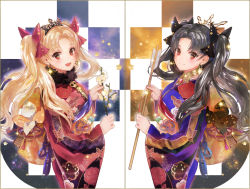 Rule 34 | 2girls, :d, black bow, black hair, blonde hair, bow, closed mouth, commentary request, cowboy shot, crown, earrings, ereshkigal (fate), fate/grand order, fate (series), from side, fur collar, hair bow, holding, ishtar (fate), japanese clothes, jewelry, kimono, long hair, long sleeves, looking at viewer, looking to the side, multiple girls, obi, open mouth, red bow, red eyes, revision, sash, shutsuri, smile, standing, symmetry, tohsaka rin, twintails, wide sleeves