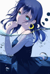 Rule 34 | 1girl, absurdres, bad id, bad pixiv id, bare arms, blue dress, blue eyes, blue hair, crescent, crescent earrings, dress, earrings, finger to mouth, floating hair, hair between eyes, highres, index finger raised, jewelry, long hair, nolma7, original, parted lips, partially submerged, partially underwater shot, shushing, sleeveless, sleeveless dress, solo, spaghetti strap, straight hair, strap gap, underwater