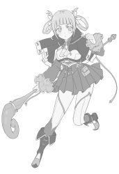 Rule 34 | 1girl, absurdres, blunt bangs, capelet, fantasy, full body, greyscale, hair rings, highres, holding, holding staff, kujuu shikuro, looking at viewer, monochrome, original, solo, staff, standing, standing on one leg, thighhighs, v-shaped eyebrows, white background
