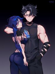 Rule 34 | 1boy, 1girl, absurdres, alternate costume, ass, black hair, breasts, chui, clorinde (genshin impact), drink, genshin impact, grey hair, hair between eyes, highres, holding, holding drink, long hair, medium breasts, multicolored hair, pants, parted lips, purple eyes, scar, short hair, smile, sports bra, streaked hair, tank top, tight clothes, tight pants, toned, wriothesley (genshin impact), yoga pants