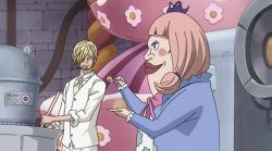 Rule 34 | 1boy, 2girls, animated, animated gif, blonde hair, blush, brown eyes, brown hair, charlotte chiffon, charlotte pudding, eating, food, long hair, multiple girls, one piece, sanji (one piece), short hair, siblings, sisters, smile, talking, trembling, twintails