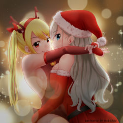 Rule 34 | 2girls, absurdres, blonde hair, blue eyes, breasts, christmas, eden&#039;s zero, fairy tail, hat, highres, large breasts, long hair, looking at viewer, lucy heartfilia, multiple girls, rebecca bluegarden, santa costume, santa hat, sideboob, smile