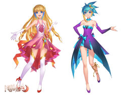 Rule 34 | blonde hair, blue eyes, blue hair, breasts, collaboration, commentary, copyright name, dress, elbow gloves, english commentary, full body, gloves, hair ornament, ishquid, kami-con, kosho (kami-con), kriss sison, long hair, medium hair, pink dress, ponytail, purple dress, purple footwear, red footwear, second-party source, shio (kami-con), shoes, simple background, small breasts, thighhighs, very long hair, white background