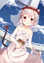 Rule 34 | 1girl, :d, animal ears, bell, blue sky, blush, bouquet, bow, bridal veil, cat ears, cat tail, cherry blossoms, cloud, column, day, detached sleeves, dress, dutch angle, flat chest, flower, hair flower, hair ornament, hairclip, highres, jewelry, muku (muku-coffee), necklace, open mouth, original, petals, pillar, red eyes, revision, shiro (muku), sky, smile, solo, tail, tail bow, tail ornament, tears, veil, wedding dress, white dress, white hair