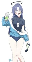 Rule 34 | 1girl, ^ ^, absurdres, black shirt, blue archive, blush, bottle, breasts, buruma, closed eyes, commentary, feet out of frame, halo, head tilt, highres, holding, holding bottle, holding phone, jacket, jacket partially removed, lanyard, long hair, long sleeves, makicha (sasurainopink), medium breasts, official alternate costume, open mouth, phone, ponytail, purple hair, revision, shirt, simple background, smile, solo, track jacket, water bottle, white background, yuuka (blue archive), yuuka (track) (blue archive)