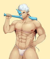 Rule 34 | 1boy, abs, absurdres, bara, baseball bat, bulge, fang, feet out of frame, fujimachine (clayten), fundoshi, half mask, hand on own hip, highres, horned mask, japanese clothes, large pectorals, long hair, looking at viewer, male focus, mask, monster boy, muscular, muscular male, navel, nipples, no pupils, oni mask, over shoulder, pectorals, pointy ears, ponytail, shuten douji (housamo), sideburns, solo, stomach, thick thighs, thighs, tokyo houkago summoners, topless male, white hair