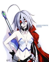 Rule 34 | 1girl, ahoge, bandaged arm, bandages, belt, blazblue, blazblue alternative: dark war, breasts, cleavage, coat, eyepatch, frown, gloves, looking at viewer, midriff, mori toshimichi, navel, nu-13, red coat, red eyes, scar, sword, tagme, weapon, white hair