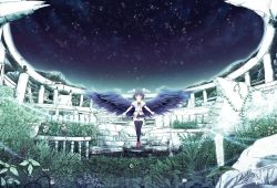 Rule 34 | 1girl, black hair, black thighhighs, black wings, female focus, geta, hat, highres, large wings, looking at viewer, mountain, nature, night, night sky, outstretched arms, ruins, scenery, shameimaru aya, skirt, sky, smile, solo, spread arms, spread wings, star (sky), starry sky, thighhighs, tokin hat, touhou, windfeathers, wings, zettai ryouiki