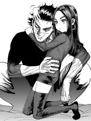 Rule 34 | 1boy, 1girl, alternate costume, asirpa, black hair, black shirt, black thighhighs, closed mouth, commentary request, contemporary, couple, ear piercing, earrings, eyebrows, facial scar, fingernails, full body, golden kamuy, greyscale, hair slicked back, hand on another&#039;s head, hetero, holding, hoop earrings, hug, jewelry, kimidake, long hair, long sleeves, looking away, monochrome, muscular, muscular male, no headwear, no shoes, pants, parted bangs, piercing, scar, scar on cheek, scar on face, scar on mouth, scar on nose, shirt, short hair, short shorts, shorts, simple background, sitting, spiked hair, striped clothes, striped sweater, sugimoto saichi, sweater, thick eyebrows, thighhighs, turtleneck, turtleneck sweater, veins, veiny hands, white background