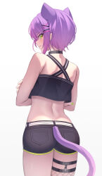 Rule 34 | 1girl, absurdres, animal ears, aoi zerii, ass, back, black shirt, black shorts, blush, cat ears, cat girl, cat tail, ear piercing, from behind, gradient hair, green eyes, hair ornament, highres, hololive, long hair, looking back, midriff, multicolored hair, piercing, pink hair, purple hair, shirt, short hair, short shorts, shorts, tail, tokoyami towa, virtual youtuber, x hair ornament