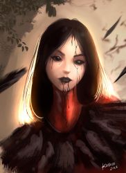 Rule 34 | 1girl, black eyes, black feathers, black hair, black lips, blood, blood on clothes, blood on face, blood stain, bodysuit, the artist (dead by daylight), commentary, dead by daylight, empty eyes, feathers, highres, kurooobunbun, long neck, looking at viewer, red bodysuit, solo
