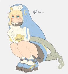 Rule 34 | 1boy, :t, androgyne symbol, aqua eyes, blonde hair, blue footwear, blue hoodie, blush, bridget (guilty gear), cheek rest, closed mouth, full body, grey background, guilty gear, guilty gear strive, hair between eyes, hands on own cheeks, hands on own face, highres, hood, hood up, hoodie, long hair, long sleeves, male focus, shoes, simple background, solo, squatting, trap, uonomesabu, wide sleeves