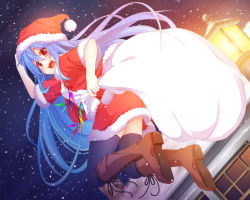 Rule 34 | 1girl, alternate costume, black thighhighs, blue hair, blush, boots, brown footwear, christmas, cross-laced footwear, hat, highres, hinanawi tenshi, knee boots, lace-up boots, long hair, looking at viewer, open mouth, red eyes, sack, santa costume, santa hat, shoe soles, snowing, solo, thighhighs, touhou, wakagi repa