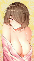 Rule 34 | 1girl, blush, breasts, brown hair, cleavage, collarbone, covered erect nipples, hair over one eye, highres, honkai (series), honkai impact 3rd, large breasts, looking at viewer, off shoulder, parted lips, red eyes, rita rossweisse, ruo zhishi chu jian, short hair, solo, upper body
